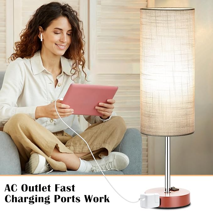 ZJOJO Table Lamp for Bedroom 2 Pack,18in Bedside Lamps with 3 Way Dimmable Rocker Switch & AC Outlet,Nightstand Desk Lamp with Gray Fabric Shade Brown Base for Living Room Home Decor Lights - Bloomnest