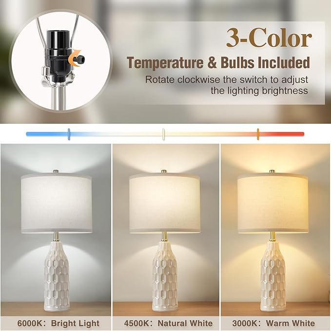 Luvkczc 24.8" Ceramic Table Lamps Set of 2 with 3 Color Temperature & Bulbs Included - Bedside Lamps for Nightstand, Living Room, Bedroom, Home Office Decor - Bloomnest