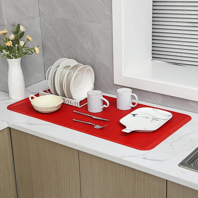 Silicone Dish Drying Mat for Multiple Usage,Easy clean,Eco-friendly,Heat-resistant Silicone Mat for Kitchen Counter or Sink,Refrigerator or Drawer Liner Red 5XL 36inches x 18inches - Bloomnest