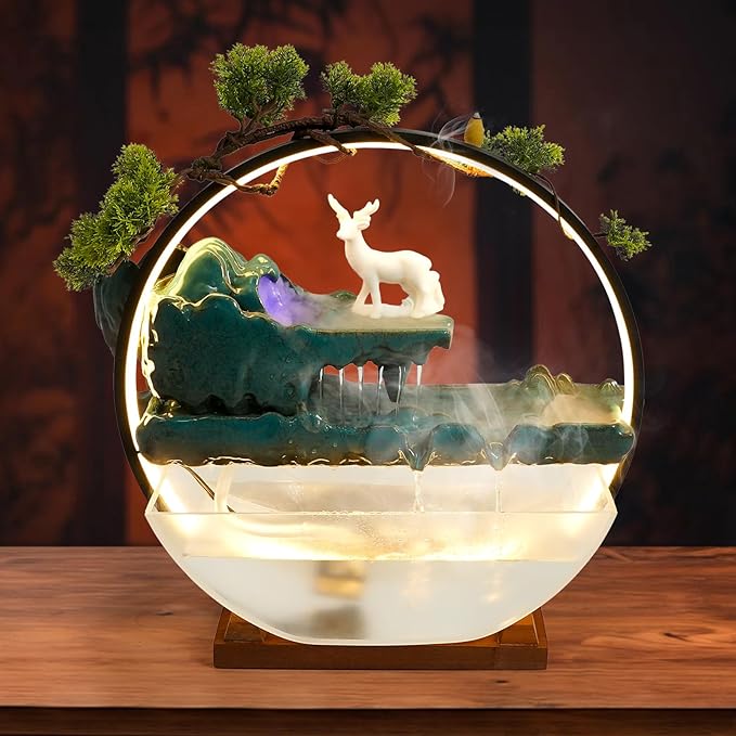 Tabletop Decoration Water Fountains Indoor Waterfall Fountains Humidifie with LED Light and Atomizer, Japanese Zen Decor for Meditation Fake Plants Bonsai Gift Feng Shui Decor - Bloomnest