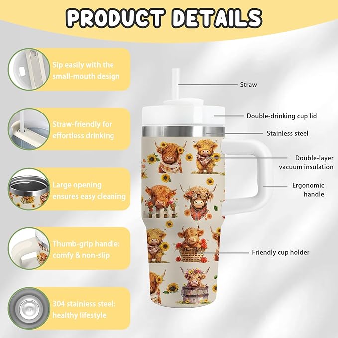 Highland Cow Gifts - 14oz Kids Highland Cattle Yak Tumbler with Handle and Straw, Stainless Steel Insulated Water Cup, for Boys & Girls, Travel - Farm Animal Cow Children Birthday Gift Cup(1pc) - Bloomnest