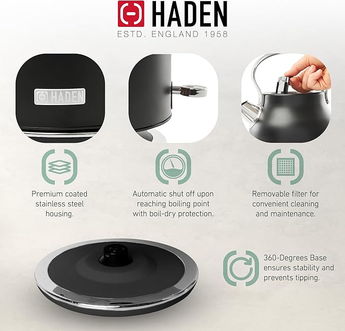 HADEN Heritage 1.7 Liter Stainless Steel Electric Kettle, Hot Water Kettle with 360-Degree Base and Auto Shutoff, Black & Chrome - Bloomnest