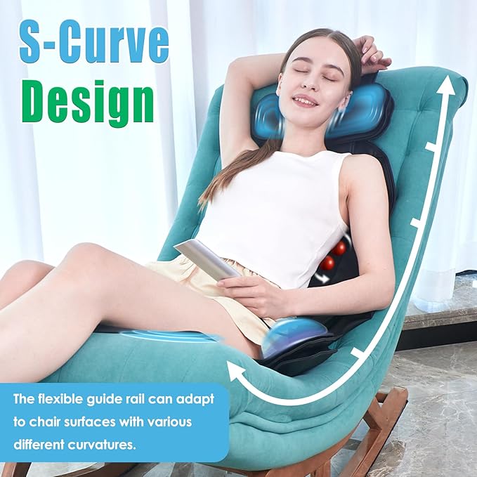 Shiatsu Back Massager for Pain Relief Deep Tissue, Chair Massager with Soothing Heat & Vibration, Soft S-Curve & Height Adjustable for Diverse Body Contours, Home Office Gifts for Men Women - Bloomnest