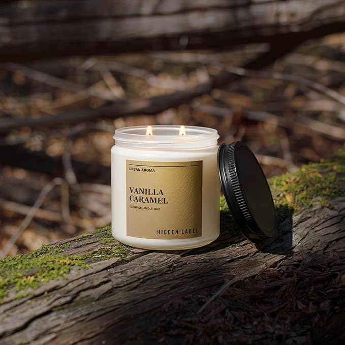Hidden Label Vanilla Caramel Fall Candles, 12oz 2 Wick Non Toxic Candles for Home Scented, Natural Soy Wax Clean Burning Aromatherapy Candle, 70H Long Lasting for Gifts Stress Relief & Relaxation - Bloomnest