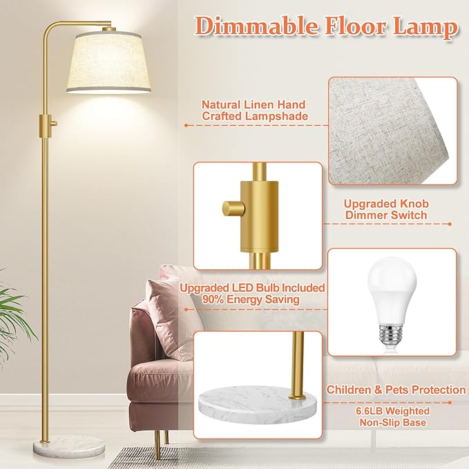 Nintiue Dimmable Gold Floor Lamp, 1000 LM LED Edison Bulb Included, Arc Floor Lamps for Living Room with Marble Base, Modern Standing Lamp Tall Lamps for Living Room Bedroom - Bloomnest