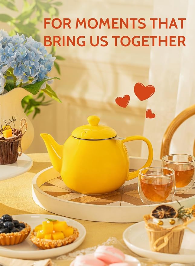 Sweese Teapot, Porcelain Tea Pot with Stainless Steel Infuser, Blooming & Loose Leaf Teapot - 27 ounce, Yellow - Bloomnest