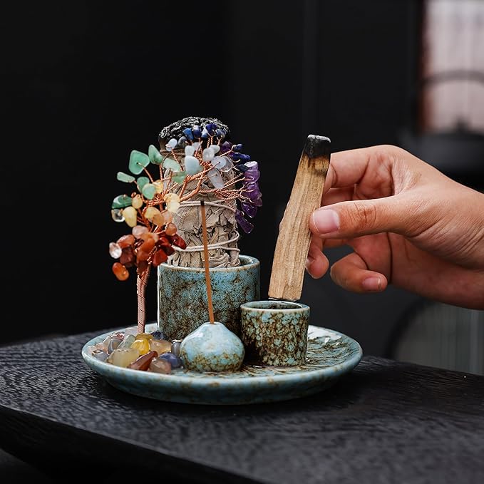 5 in 1 Incense Burner Holder with Crystal Healing Tree, Palo Santo Holder, Sage Holder, Incense Holder for Sticks/Cones/Candles, Ceramic Tray Ash Catcher for Burning Incense, Meditation Gift - Bloomnest
