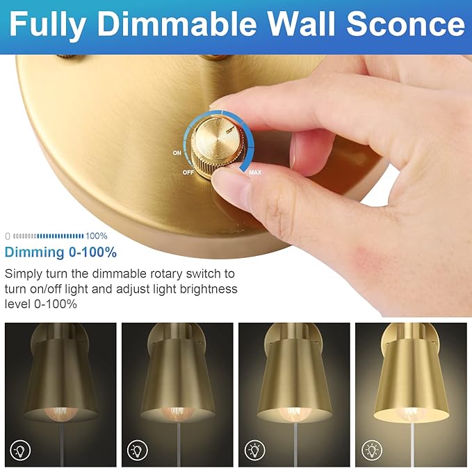 Dimmable Wall Sconce, Plug in Wall Sconce Adjustable Angle Wall Lights with Plug in Cord and Dimmer On/Off knob Switch, Gold Wall Mounted Light for Bedside Bedroom Doorway(1 Pack, 1 Bulb) - Bloomnest