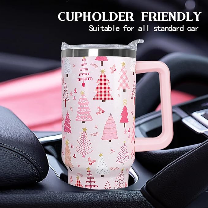 Ceovfoi 40 Oz Pink Christmas Tree Tumbler With Handle,Christmas Tree Coffee Travel Mug Cup,Christmas Decor,Christmas Gifts for Women - Bloomnest