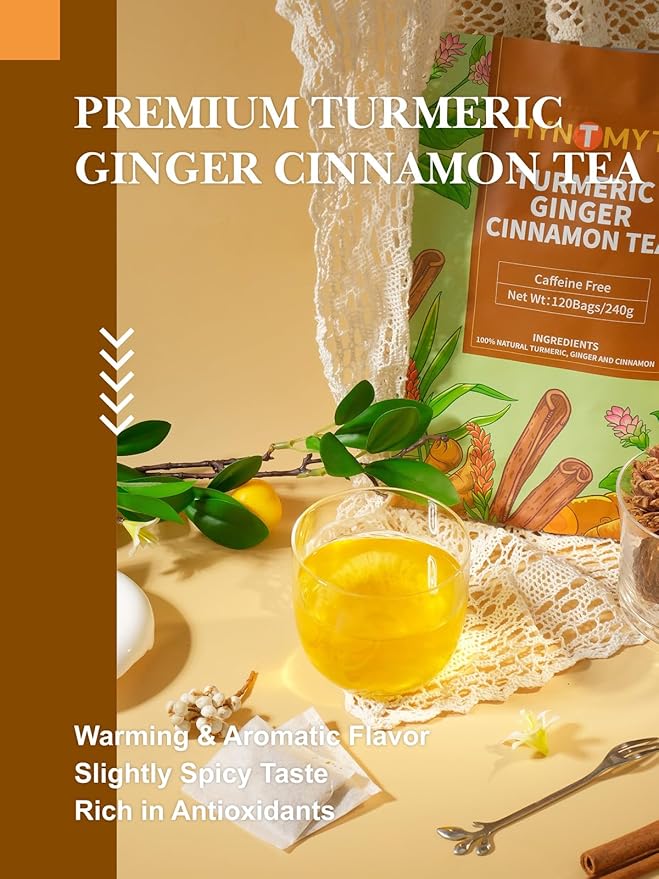 HYNTMYT Turmeric Ginger Cinnamon Tea Bags, Herbal Blend of Turmeric & Ginger Root & Cinnamon, Light Spicy & Sweet Flavor, Caffeine Free, 120 Count - Bloomnest