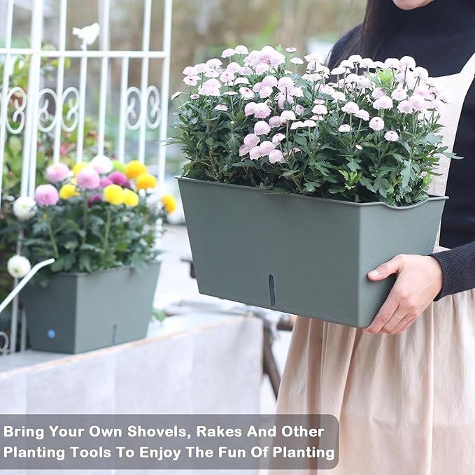 Window Box Planter 6 Pcs, 12.6 Inches Self Watering Rectangle Flower Plant Pots with Drainage Holes & Breathable Trays, Vegetable Planters for Windowsill Patio Garden Balcony Porch Yard (Dark Green) - Bloomnest