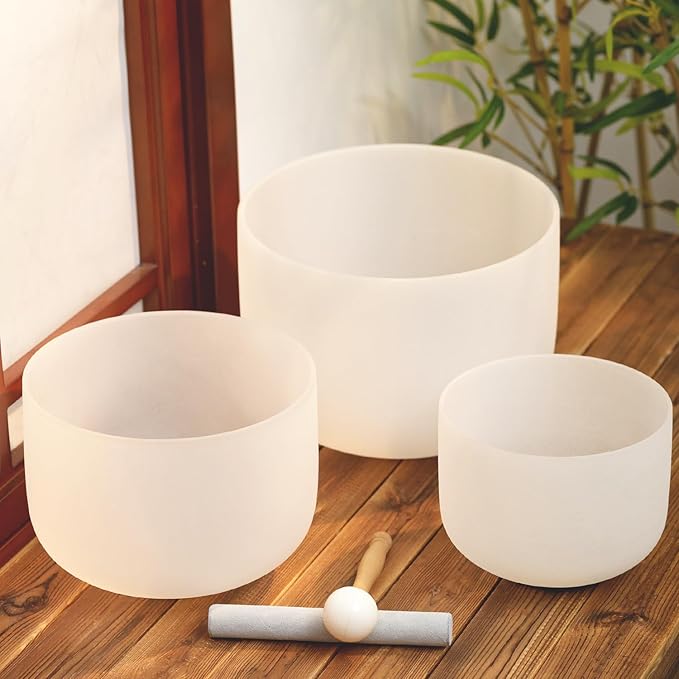 Hye-eu Quartz Crystal Singing Bowls Set of 3pcs 7"G 9"E 11"C 3pcs Frosted Quartz Chakra Bowls 432hz Tuned 7-11 inch with Carrying Case for Sound Healing Yoga Meditation - Bloomnest