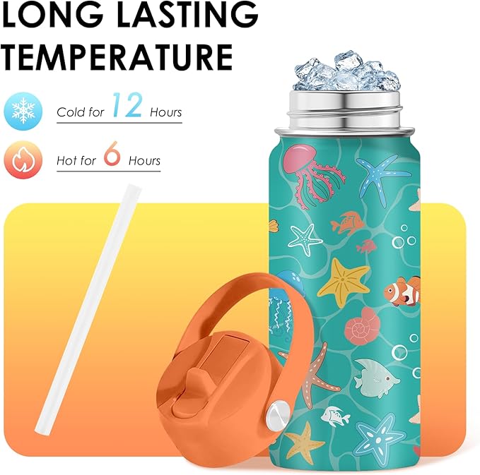 Ocean Gifts for Kids - 16 Oz Green Water Bottle with Straw Lid, Stainless Steel Insulated Tumbler, Leak Proof, BPA-Free, for Girls & Boys, School, Beach - Marine Life Lovers Birthday Gifts (1pc) - Bloomnest