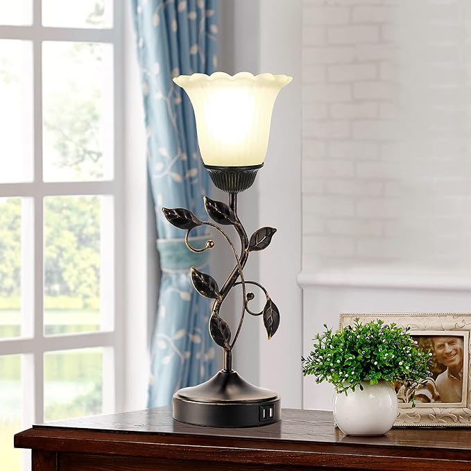 RORIANO Touch Bedside Lamp with 2 USB Charging Ports, 3-Way Dimmable Nightstand Lamps, White Glass Shade Vintage Rural Leaf Lamp for Living Room Tabletop Bedroom Side Table, LED Bulb Included - Bloomnest