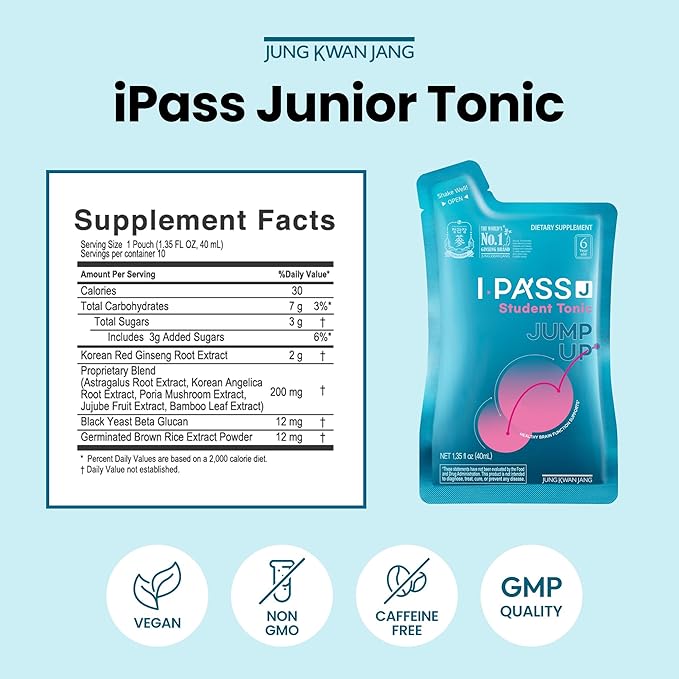 JungKwanJang i-Pass Junior Dietary Supplement- Korean Red Panax Ginseng Extract - Support Immune System, Memory Improvement and Concentration, Productivity - 30 Pouches - Bloomnest