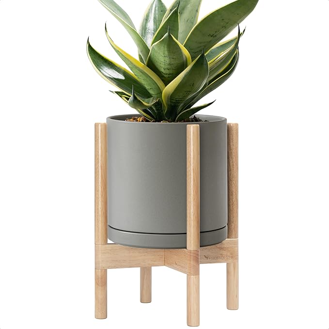 D'vine Dev Ceramic Planter with Natural Stand - 10 Inch Modern Round Flower Pot with Wood Planter Holder, Grey, 55-B-K-3 - Bloomnest