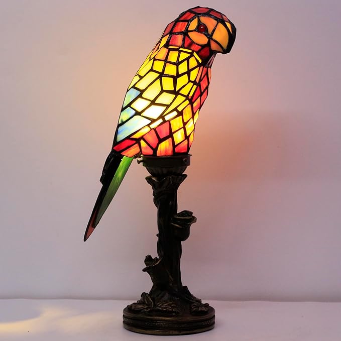 Small Tiffany Lamp Parrot Table Lamp Stained Glass Accent Lamp 15.3 Inch Tall Mini Desk Bedside Night Light for Kids Bedroom (Red) - Bloomnest