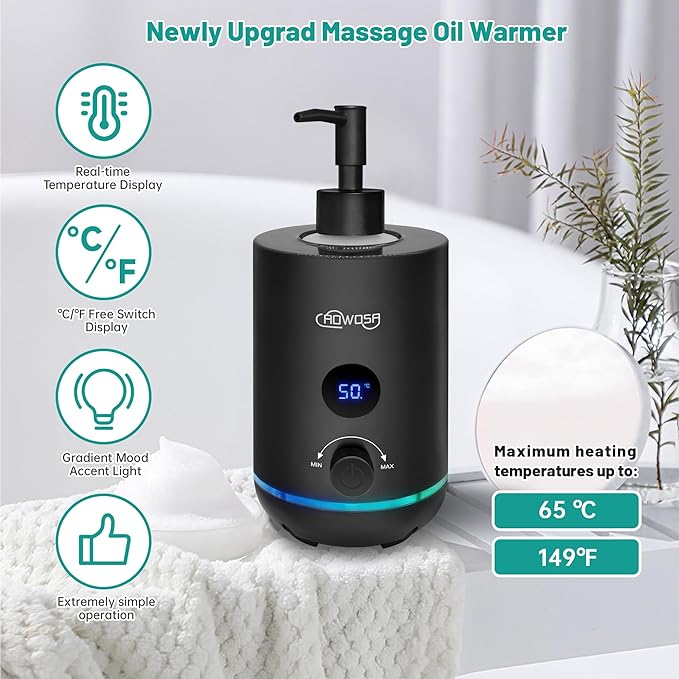 Massage Oil Warmer Bottle Professional Electric Lotion Digital Heater for SPA, Portable Oil Warmer Heated Cream for Beauty Salon Home, with Gradient Atmosphere Lamp, ℃/℉ Switchable Display - Bloomnest