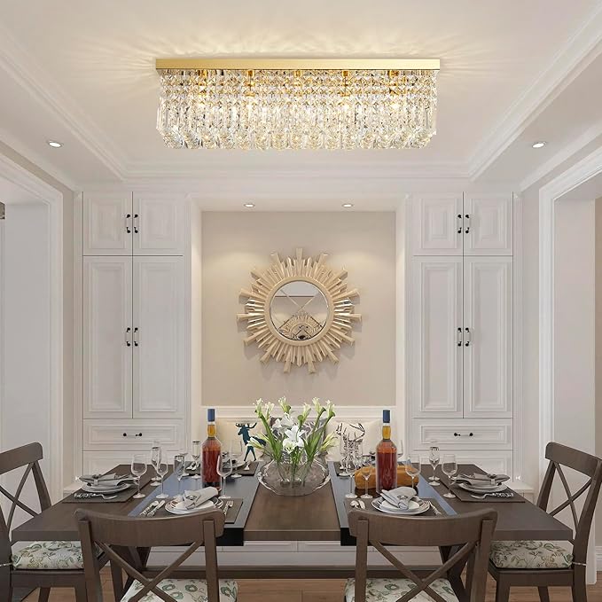 Saint Mossi 5-Lights Modern K9 Crystal Chandelier Light Fixture, Flush Mount Chandelier for Dinning Room, H9 x W10 x L31, Clear Crystal & Gold Finish - Bloomnest
