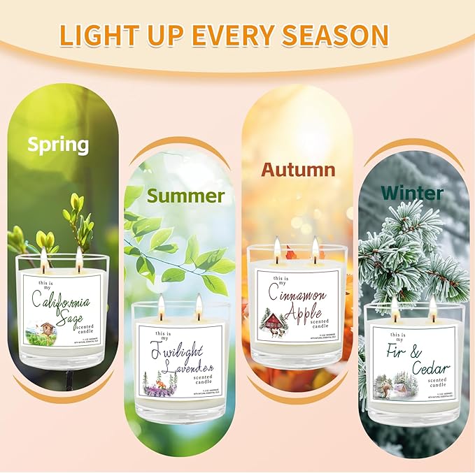 4 Pack Large Jar Candles with Double Wicks, Scented Candles for Home, 11.3oz Each, 240 Hour Burn Time, Aromatherapy Gift Set for Women, Cinnamon Apple, Lavender, Fir & Cedar, California Sage - Bloomnest