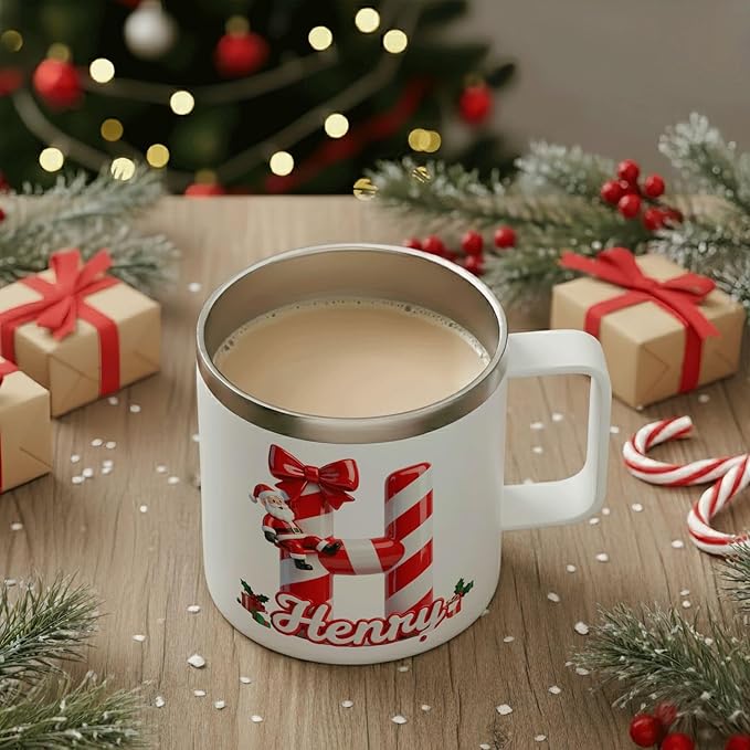 Personalized Christmas Mug | Custom Candy Cane Initial Insulated Cup with Handle & Lid | 12oz Holiday Tumbler, Cute Santa Gift for Kids, Boys & Girls (B36) - Bloomnest