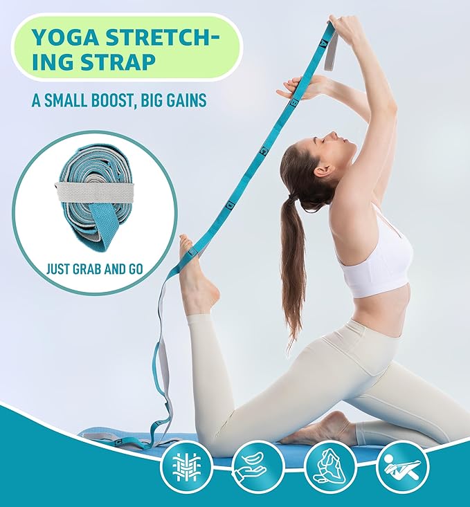 HiRui Stretching Strap Yoga Strap with Door Anchor, 14-Loops Non-Elastic Stretch Straps for Physical Therapy, Pilates, Dance, Gymnastics | Stretch Band with Workout Guide for Women & Men - Bloomnest
