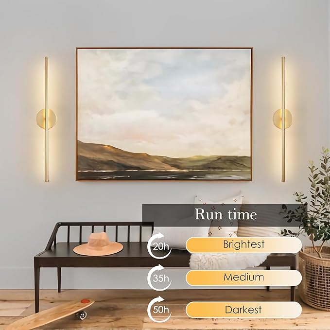 Battery Operated Wall Sconces Set of Two, with Remote Control, Dimmable, Warm White/Natural White/Daylight/RGB, 350°Rotate, LED Gold Wireless Wall Light for Living Room, Bedroom, 28.3 Inch - Bloomnest