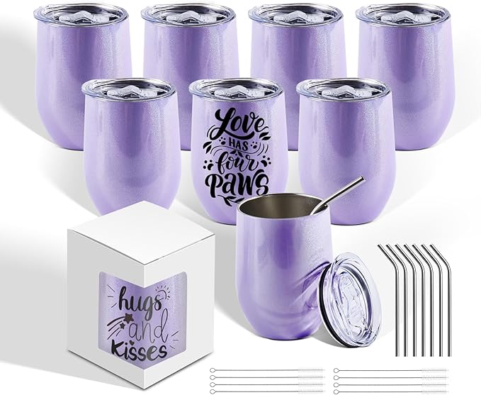 BetterSub 8 Pack 12oz Sublimation Glitter Purple Wine Tumblers, Double Wall Insulated Stainless Steel Sublimation Blanks, Includes Lid, Straw, Brush, Display Box - Bloomnest
