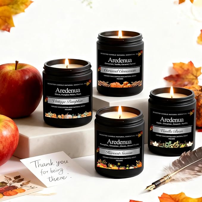 Fall Candles Set – 4 Pack Holiday Scented Soy Candles, 28oz Cozy Winter Candle Scents of Cinnamon, Vanilla Bean & Harvest,Pumpkin | Thanksgiving & Christmas Candle Gifts for Women Men - Bloomnest