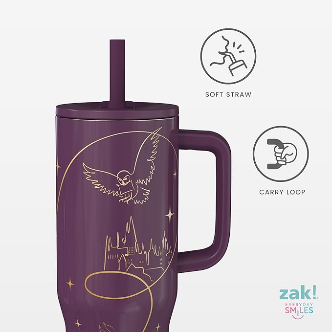 Zak Designs Harry Potter Sutton Travel Tumbler for On the Go, 30oz Stainless Steel with Vacuum Insulation, Silicone Straw, and Carry Handle for Cold Drinks (Hogwarts) - Bloomnest