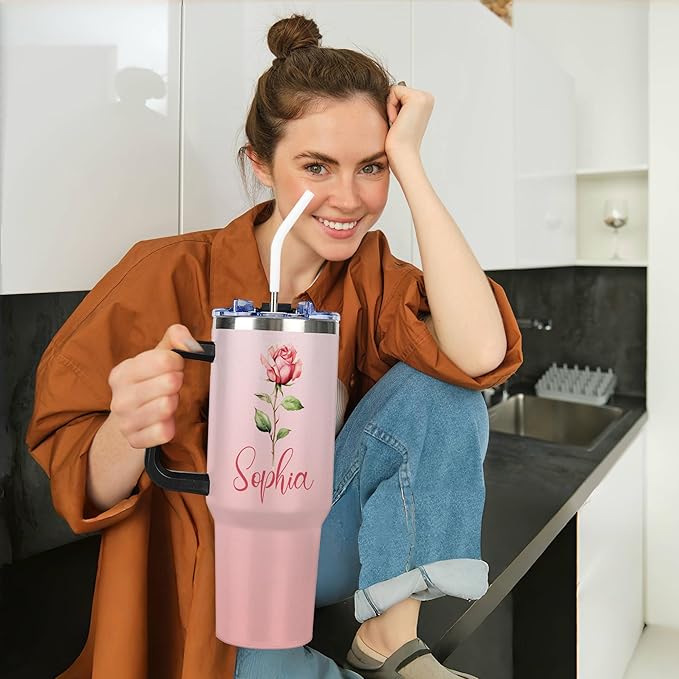 Personalized 40 Oz Tumbler with Handle and Straw Lid, Custom Cup with Name, Stainless Steel Travel Coffee Tumbler, Personalized Mothers Day Birthday Christmas Gifts for Women - Bloomnest