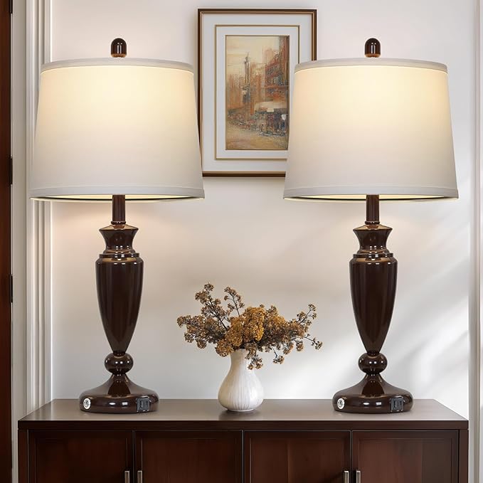 27'' Brown Living Room Lamps Set of 2, 3 Way Touch Control Table Lamps with USB A+C Ports, Modern Bedside Lamps, Elegant Metal Nightstand Lamps for Bedroom Office End Table Decoration - Bloomnest