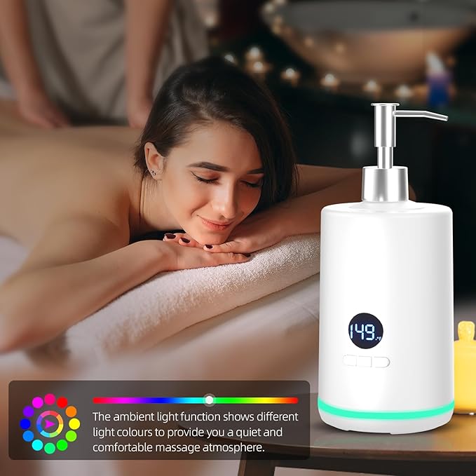 Oil Warmer for Massage, Yofuly Heated Body Lotion Dispenser Device with Gua Sha Roller Set, Electric Massage Oil Gel Bottles Heater with Ambient Lighting, White - Bloomnest