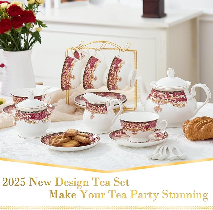 DUJUST 22 pcs Royal Vintage Porcelain Tea Set for 6, Luxury British Tea Sets for Adults with Red Patterns & Golden Trim, Beautiful Floral Tea/Coffee Cup Set, Gift Package - Royal Treat for You - Bloomnest