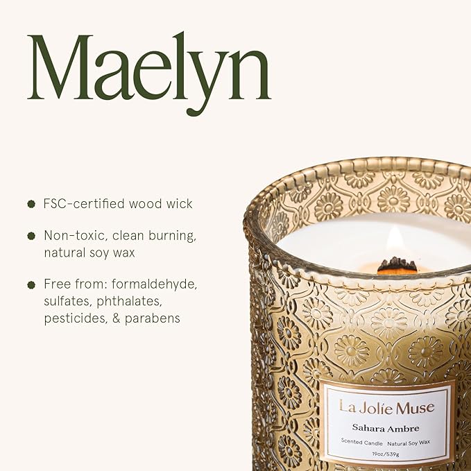 LA JOLIE MUSE | Sahara Amber Candle | Bergamot, Clove & Amber | 19 oz Wooden Wick | Natural Soy Wax | 90 Hours Clean Burn | Gift-Ready for Cozy Nights | Elevated Fall Décor - Bloomnest