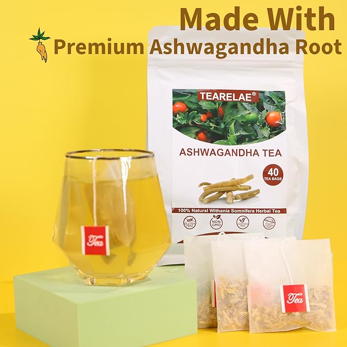 TEARELAE - Ashwagandha Tea Bags - 2.5g x 40 Count - Sourced From India - Premium Natural Cut & Sifted Pure Indian Ginseng Root - Non-GMO - Caffeine-free - Rich in Antioxidants & Boost energy - Bloomnest