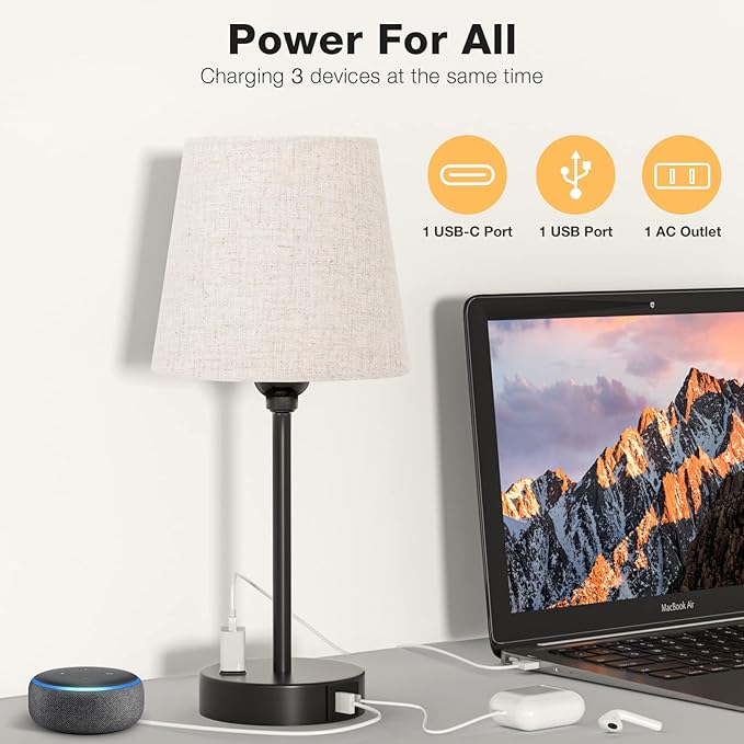 Mini Bedside Lamps for Bedrooms Set of 2 - Nightstand Bedroom Lamps with USB C Port and AC Outlet Charging, Dimmable Touch Small Bed Side Table Lamp, Black Night Stand Light for Kids/Guest Room - Bloomnest