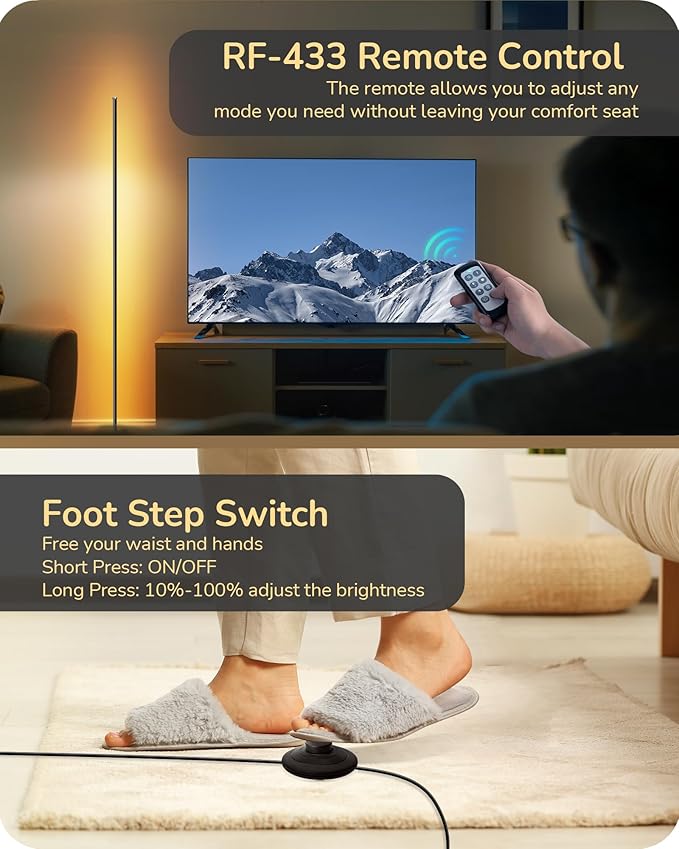 EDISHINE Corner Floor Lamp, Dimmable LED Light with Remote, 3 Color Temperature 3000K-4500K-6000K, 57.5" Modern Black LED Floor Lamp for Bedroom, Living Room, Office - Bloomnest