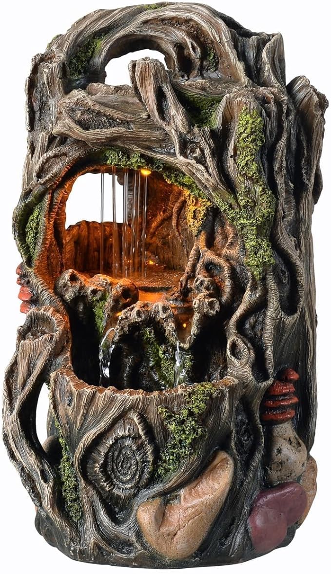 Tabletop Water Fountain, Home Décor Soothing Sound Machine with Automatic Pump, Nature Tree Stump Resin and for Indoor Zen Relaxation for Office, Living Room, or Bedroom Décor