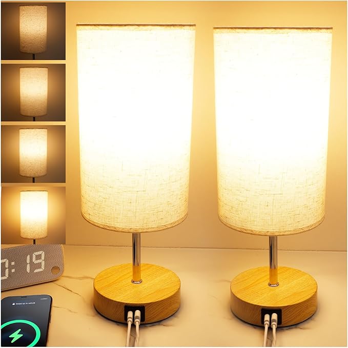 Bedside Table Lamp for Bedroom - 4 Way Dimmable Touch Lamp with USB and Type-C Charge Port,Small Wood Base Round Flaxen Fabric Shade Lamp Living Room,Bedroom Use (Yellow Base, 2Pack) - Bloomnest