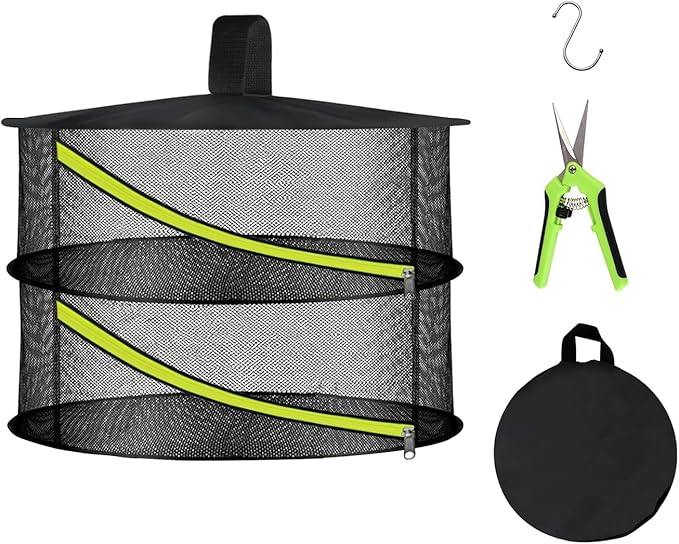 2 Layer Herb Drying Rack, Hanging Mesh Net, Foldable Plant Drying Rack with Diagonal Zipper, Garden Trimming Shears and Hooks, for Drying Herbs Plants, Fruits, Seafood, Clothing(2 Layers-23.62'') - Bloomnest