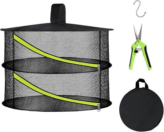 2 Layer Herb Drying Rack, Hanging Mesh Net, Foldable Plant Drying Rack with Diagonal Zipper, Garden Trimming Shears and Hooks, for Drying Herbs Plants, Fruits, Seafood, Clothing(2 Layers-23.62'') - Bloomnest