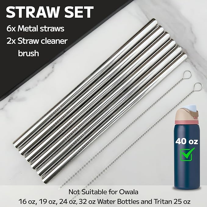 MIMORE Metal Straw for Owala 40 oz - 6 PCS Satinless Steel Straws Compatible with Owala Straw Replacement - Resuable & Dishwasher Safe Mimore