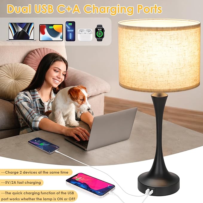 GGOYING 22” Set of 2 Touch Control Table Lamp with USB A+C Ports, 3-Level Dimmable Bedside Lamp with Fabric Lampshade, 3000K LED Bulbs, Nightstand Lamp for Bedroom Livingroom Office, Black - Bloomnest