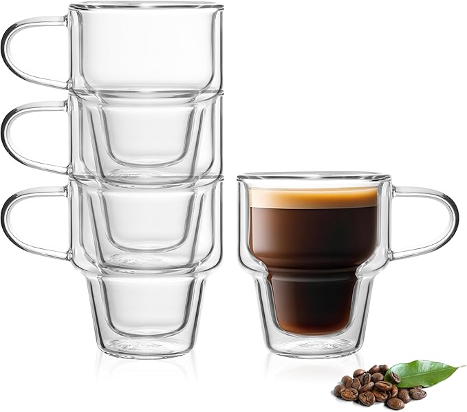NIRA.Z 4 Pack Double Wall Glass Coffee Mugs 10 OZ Insulated Espresso Cups with Handle, Stackable Thermal Glass Coffee Cups, Ideal for Hot & Cold Drinks, Juice, Americano, Latte, Tea Bags, Cappuccinos - Bloomnest