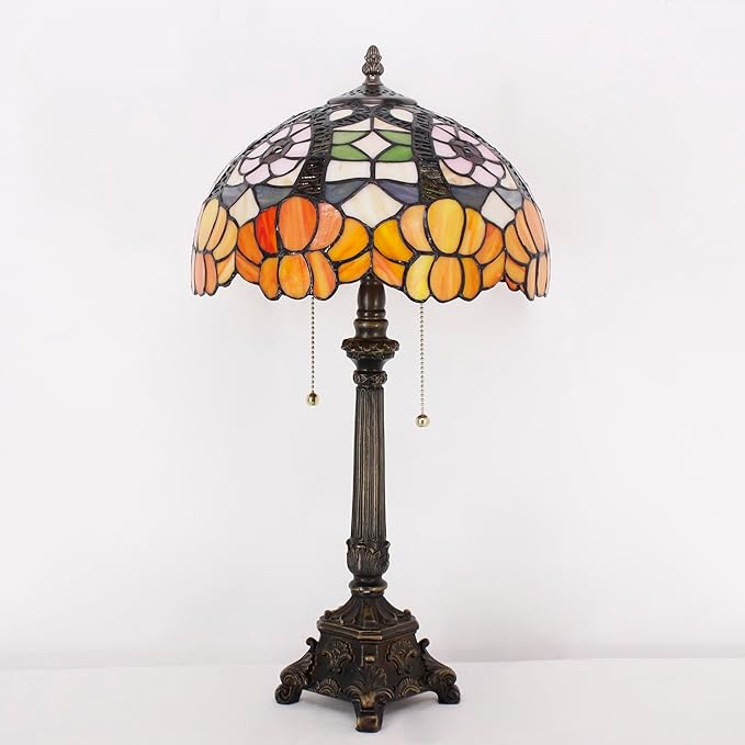 Tiffany Lamp Orange Flower Style Stained Glass Table Lamp Desk Reading Light 12X12X21 Inches with Resin Base Decor Bedroom Living Room - Bloomnest