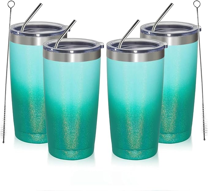 MEWAY 20oz Tumbler 4 Pack Double Wall Vacuum Insulated Travel Glitter Mug Bulk, Stainless Steel Tumblers with Lid and Straw, Powder Coated Coffee Cups for Woman(Gradient Green,Set of 4) - Bloomnest