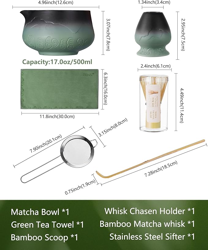 ZENS Matcha Whisk Set, Matcha Kit Set with Bowl and Bamboo Whisk, 304 Sifter, Scoop, (Chasen Holder) -Tea Mat, 6pcs Matcha Set for Latte-Making, Sage Green - Bloomnest