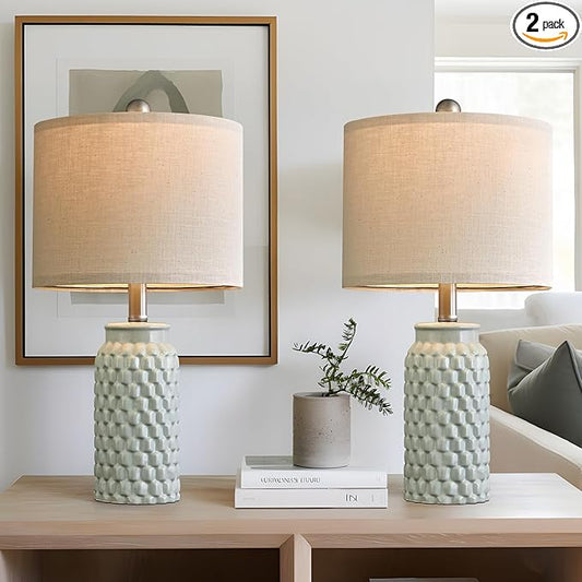 20.5 inches Modern Ceramic Green Bedside Lamp Set of 2 for Bedroom Decor Farmhouse Table Lamp for Living Room Office Dorm - Bloomnest