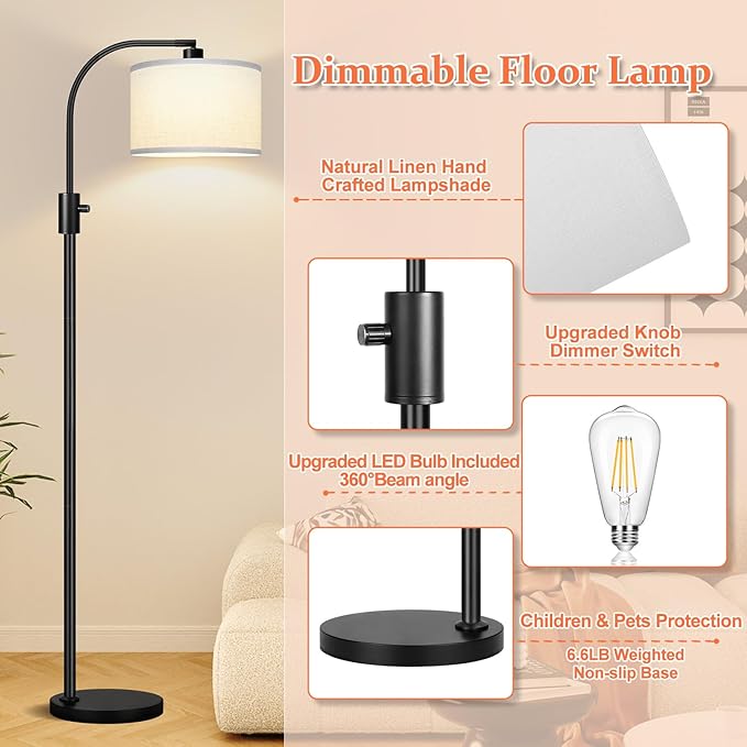 [Upgraded] Dimmable Floor Lamp, 1200 Lumens LED Edison Bulb Included, Arc Floor Lamps for Living Room Modern Standing Lamp with White Shade, Black Tall Lamp for Living Room Bedroom Office Dining Room - Bloomnest